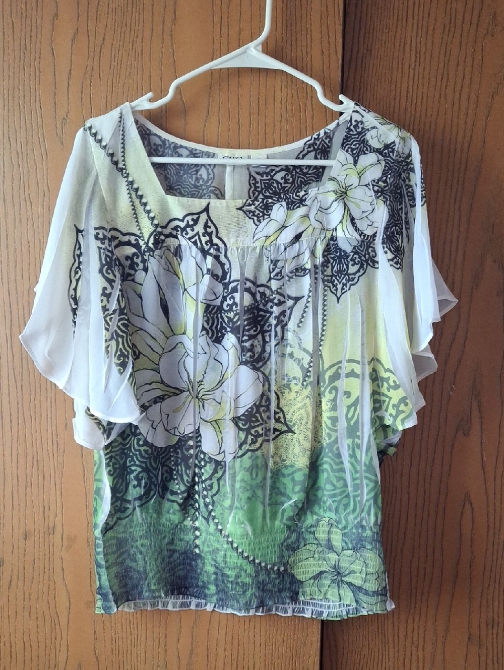 Cato Green White Floral Flutter-Sleeve Blouse